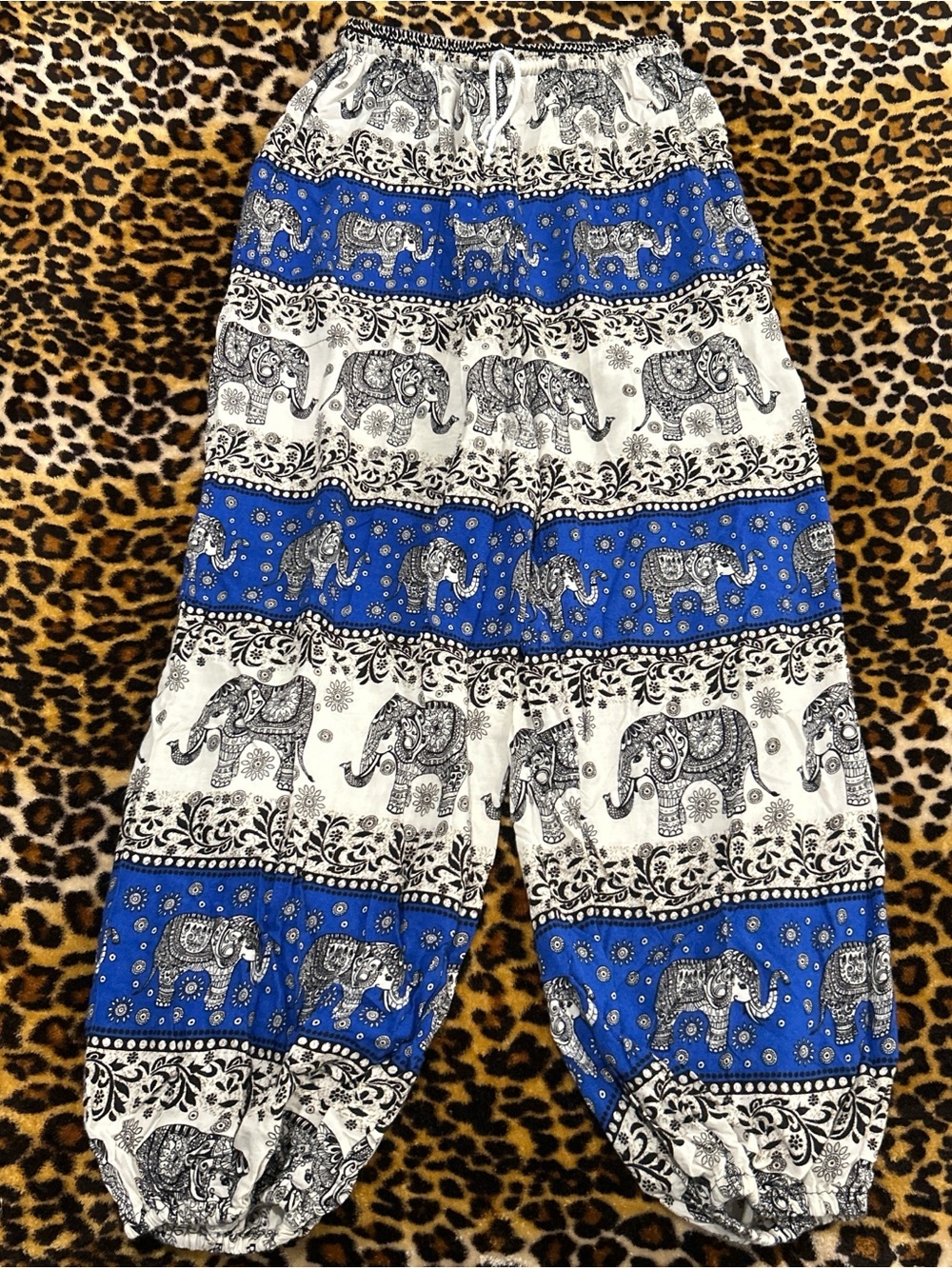 Boho Elephant Print Ankle Pants — Blue & White